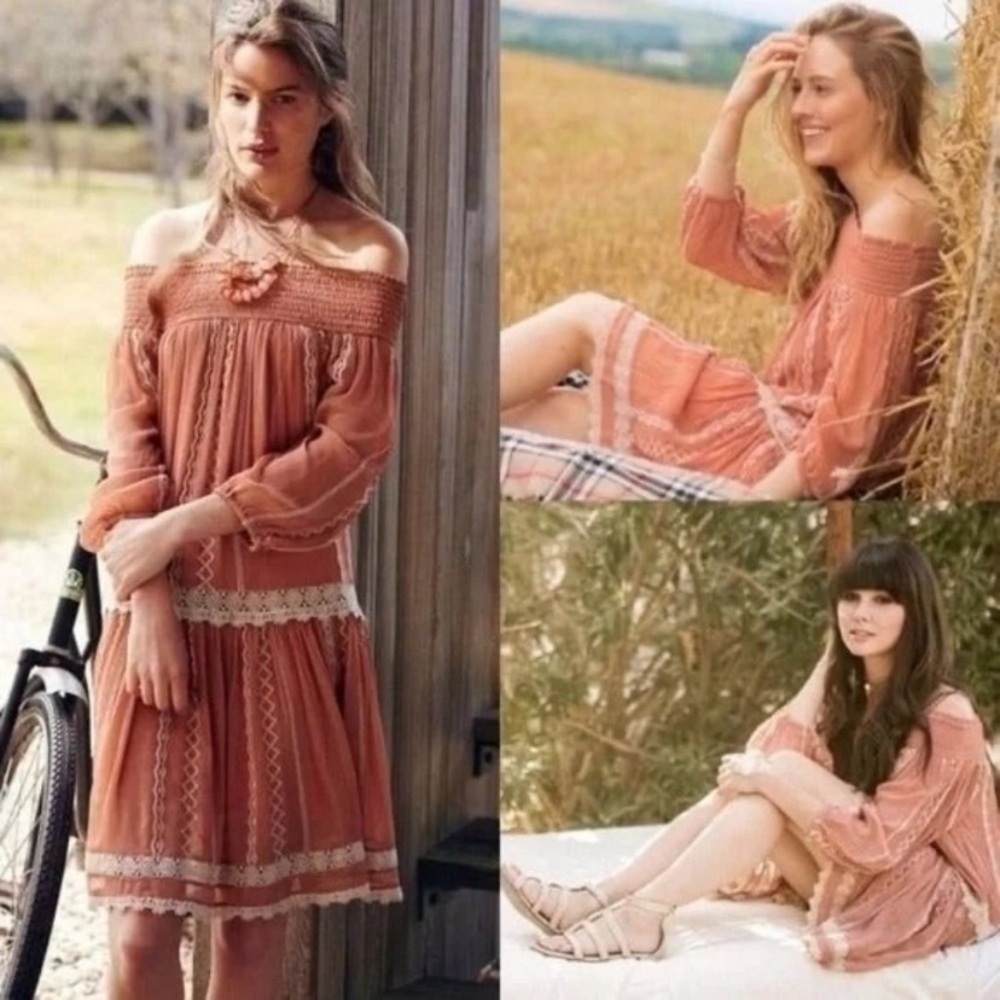 ANTHROPOLOGIE FLOREAT Orchard Off the Shoulder Drop Waist Dress Rose Blush sz M - Picture 1 of 10
